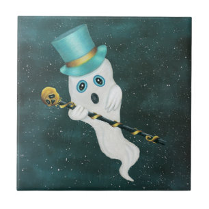 Fancy Ghost in Night Sky Bright Blue Eyes Skull Tegeltje