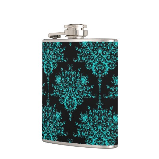 Fancy Girly Floral Damask Stijlvol Zwart en Blauwg Heupfles (Links)