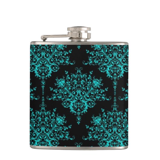 Fancy Girly Floral Damask Stijlvol Zwart en Blauwg Heupfles (Voorkant)