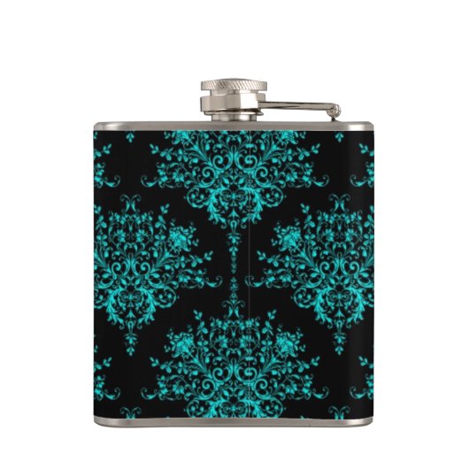 Fancy Girly Floral Damask Stijlvol Zwart en Blauwg Heupfles (Achterkant)