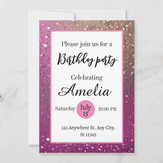 Fancy girly hot roze goud glitter verjaardag kaart (Voorkant)