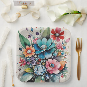 Fancy Glam bloeit Pareltjes en sprankelende juwele Papieren Bordje