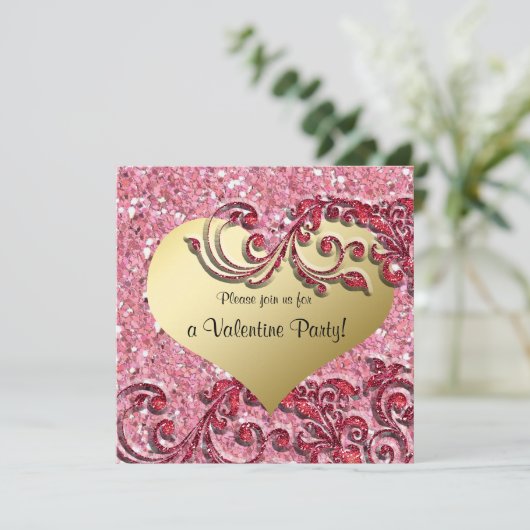 Fancy Glitter Gold Heart Valentijn Kaart (Staand voorkant)
