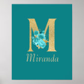 Fancy Gold & Aqua Floral Letter M Wall Print (Voorkant)