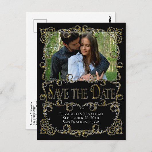 Fancy  Gold & Black Wedding Save the Date Briefkaart (Voorkant / Achterkant)