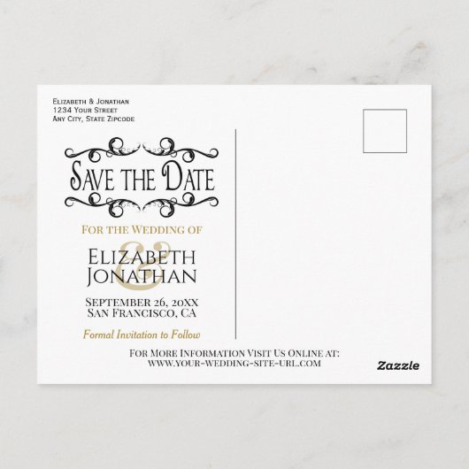 Fancy  Gold & Black Wedding Save the Date Briefkaart (Achterkant)