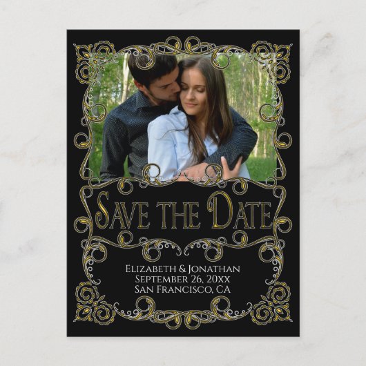 Fancy  Gold & Black Wedding Save the Date Briefkaart (Voorkant)
