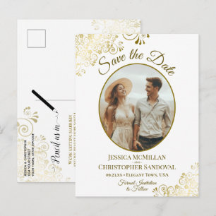 Fancy Gold Curls Wedding Sla de datum Ovaal Foto Aankondigingskaart