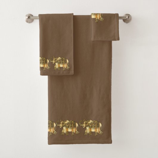 Fancy Gold Elephants | Bruine achtergrond Bad Handdoek (Insitu)