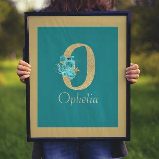 Fancy Gold en Aqua Floral Letter O Wall Print