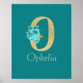 Fancy Gold en Aqua Floral Letter O Wall Print (Voorkant)