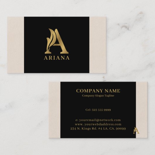 Fancy Gold Letter A-monogram op zwart en linnen Visitekaartje (Voorkant / Achterkant)