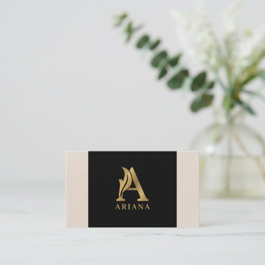 Fancy Gold Letter A-monogram op zwart en linnen Visitekaartje (Staand voorkant)