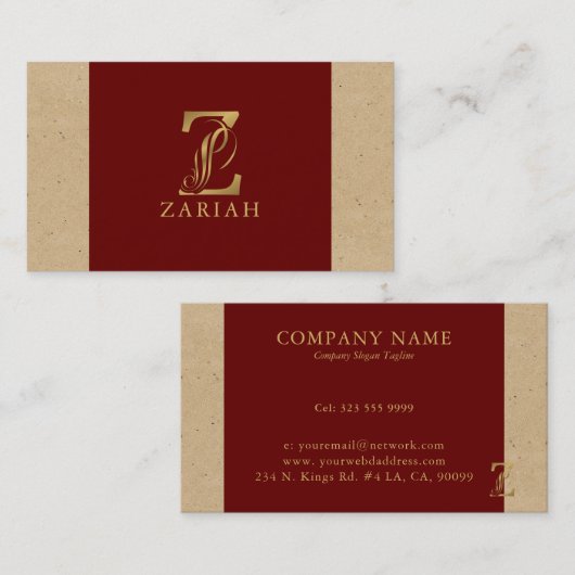 Fancy Gold Letter Z op rode en beige linnen Visitekaartje (Voorkant / Achterkant)