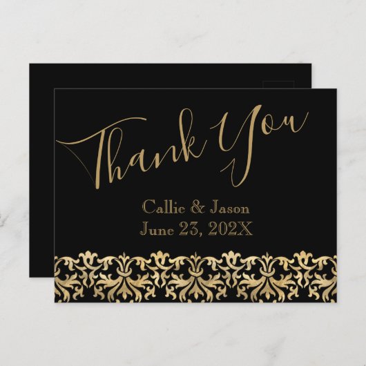 Fancy Gold Lettering op zwarte Hartelijk dank Briefkaart (Voorkant / Achterkant)