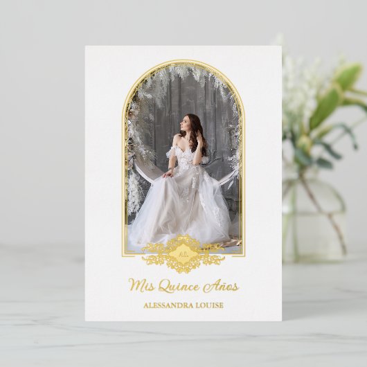 Fancy Golden Arch Effect Foto van Quinceañera Folie Uitnodiging (Staand Voorkant)