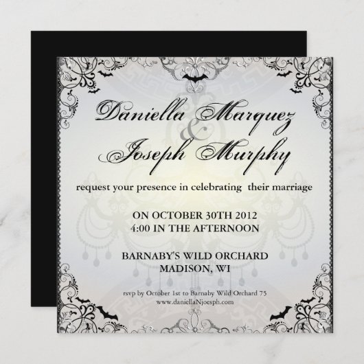 Fancy Gothic Bats Halloween Wedding Invitation Kaart (Voorkant / Achterkant)