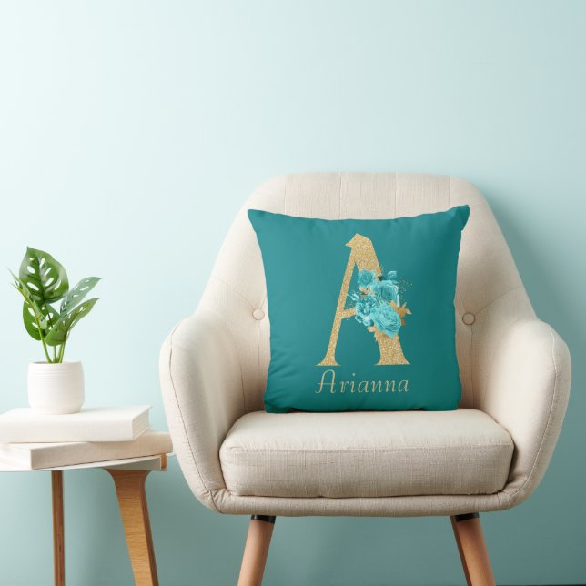 Fancy goud & Aqua Floral Letter A Sierkussen (Stoel)