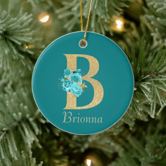 Fancy goud & Aqua Floral Letter B Keramisch Ornament (Boom)
