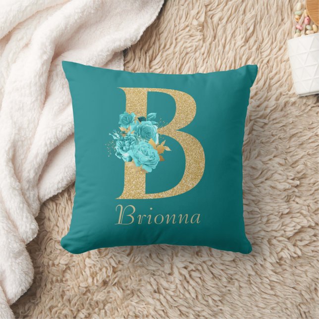 Fancy goud & Aqua Floral Letter B Sierkussen (Deken)