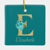 Fancy goud & Aqua Floral Letter E Keramisch Ornament (Voorkant)