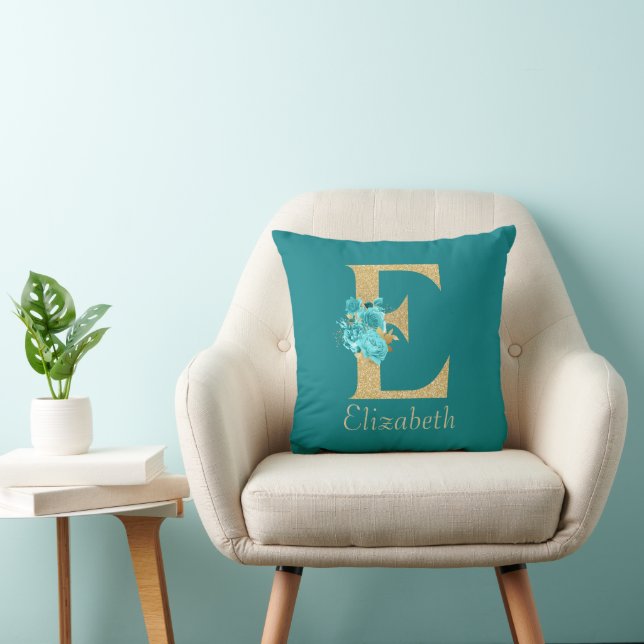 Fancy goud & Aqua Floral Letter E Sierkussen (Stoel)