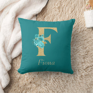 Fancy goud & Aqua Floral Letter F Sierkussen