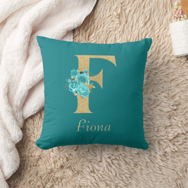 Fancy goud & Aqua Floral Letter F Sierkussen (Deken)