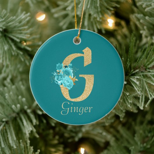 Fancy goud & Aqua Floral Letter G Keramisch Ornament (Boom)