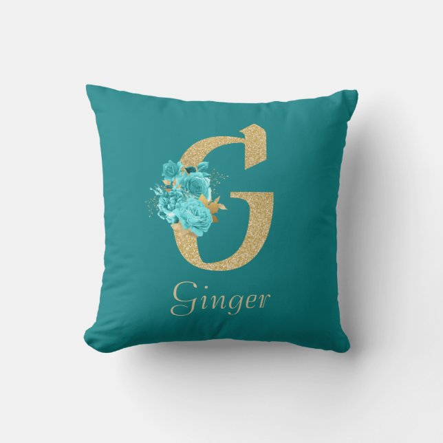 Fancy goud & Aqua Floral Letter G Sierkussen (Voorkant)