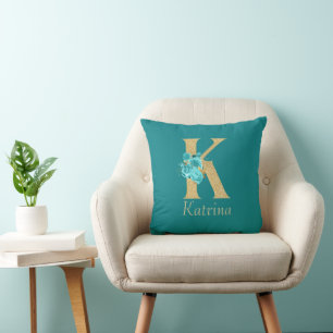 Fancy goud & Aqua Floral Letter K Sierkussen