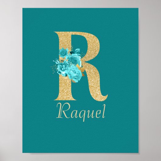 Fancy goud & Aqua Floral Letter R Poster (Voorkant)
