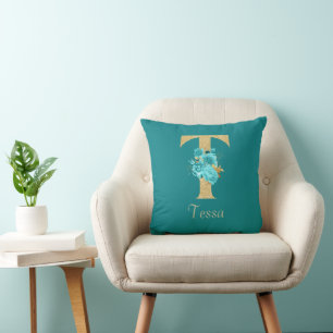 Fancy goud & Aqua Floral Letter T Sierkussen