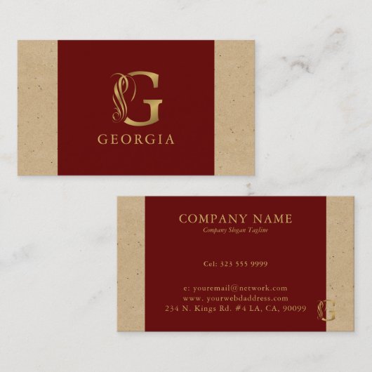 Fancy Goud Monogram op rood en karton Visitekaartje (Voorkant / Achterkant)