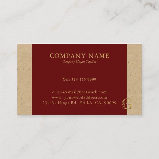 Fancy Goud Monogram op rood en karton Visitekaartje (Achterkant)