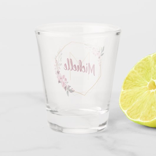 Fancy Gouden Kersenbloesem met Monogram en Naam Shot Glas (Achterkant)