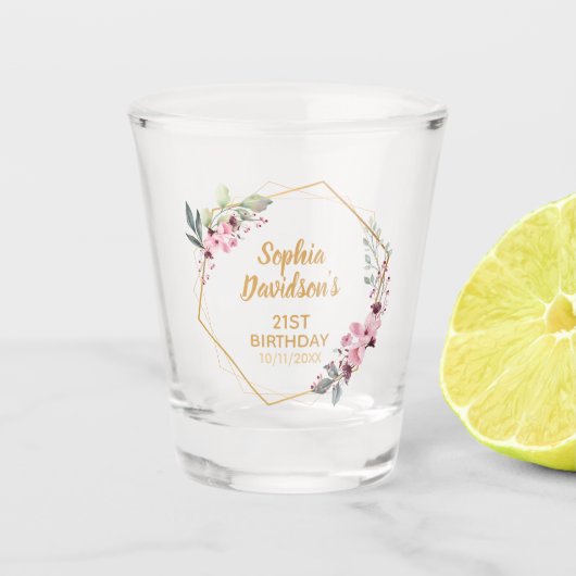 Fancy gouden kersenbloesem Naam Datum 21e Verjaard Shot Glas (Voorkant)