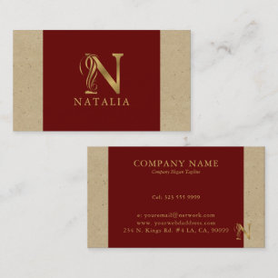 Fancy gouden letter N monogram op rood en karton Visitekaartje