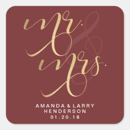 Fancy Gouden Mr en Mrs Huwelijksstickers Vierkante Sticker
