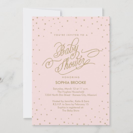 Fancy goudsterren Roze Baby shower Invite Kaart (Voorkant)