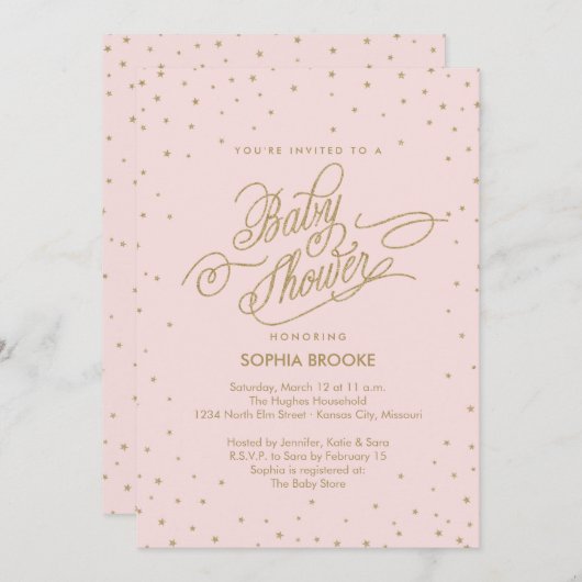 Fancy goudsterren Roze Baby shower Invite Kaart (Voorkant / Achterkant)