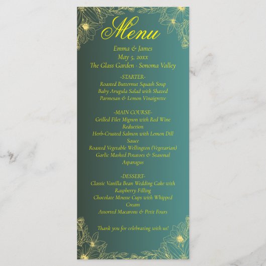 Fancy Groene en Gouden Bloemen Wedding Menu Kaart (Voorkant)