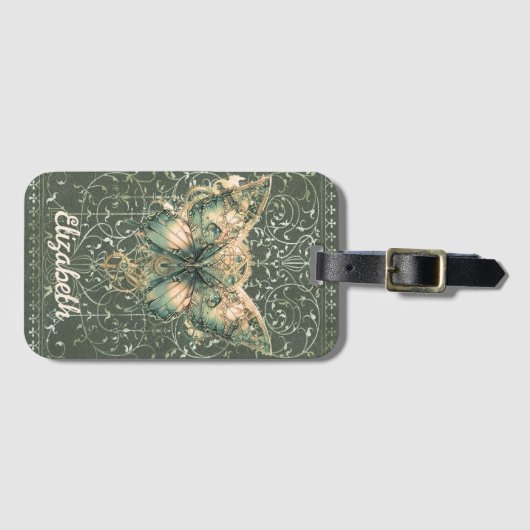 Fancy Groene Steampunk Vlinder Gepersonaliseerd Bagagelabel (Voorkant (horizontaal))
