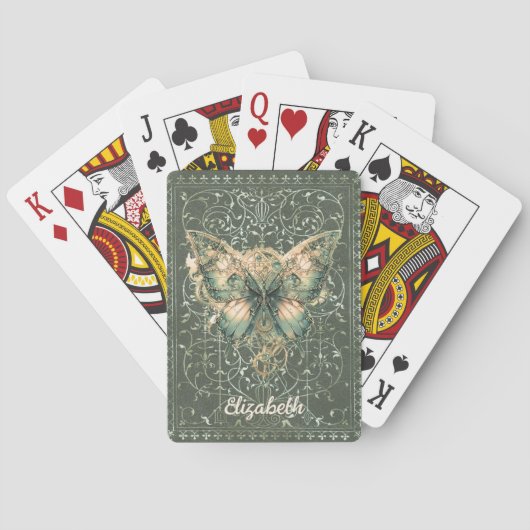 Fancy Groene Steampunk Vlinder Persoonlijk Pokerkaarten (Achterkant)