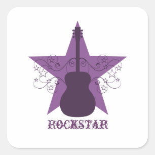 Fancy Guitar Star Swirls Square Stickers, Paars Vierkante Sticker
