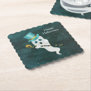 Fancy Halloween Ghost met tophoed Gold Skull-riet Kartonnen Onderzetters