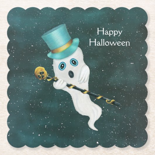 Fancy Halloween Ghost met tophoed Gold Skull-riet Kartonnen Onderzetters (Voorkant)