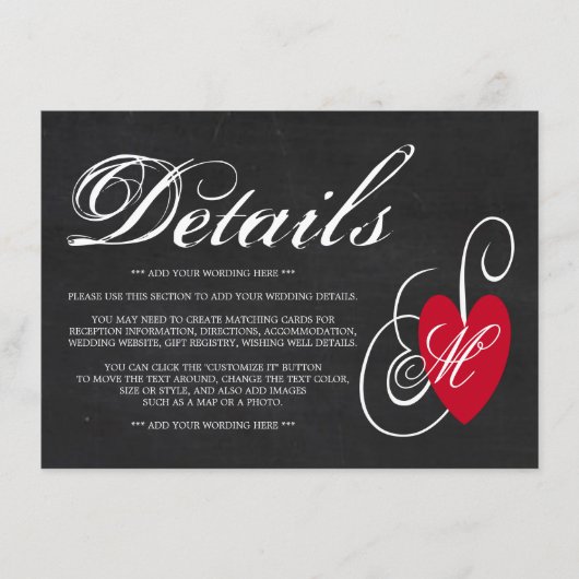 Fancy hart - Chalkboard Wedding Detail Informatiekaartje (Voorkant)