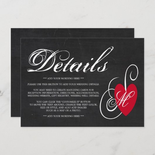 Fancy hart - Chalkboard Wedding Detail Informatiekaartje (Voorkant / Achterkant)