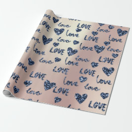 Fancy Hearts Blue Navy Roos Glitter Love Valentijn Cadeaupapier